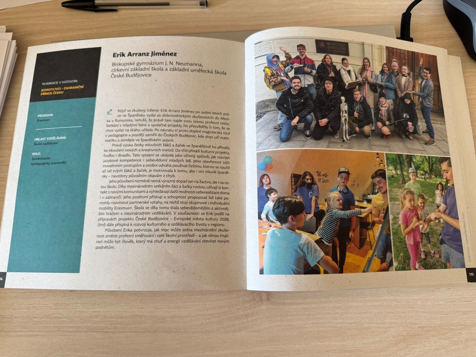 Páginas 114 y 115 del catálogo Ceny DZS 2025 con la candidatura de Erik Arranz Jiménez y fotos de sus clases